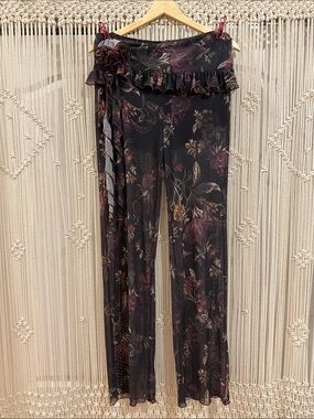 Free People Mesh Floral Black Ruffle Wide-Leg Pants